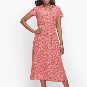 Talbots Red and White Short-Sleeve Printed Midi Shirt Dress